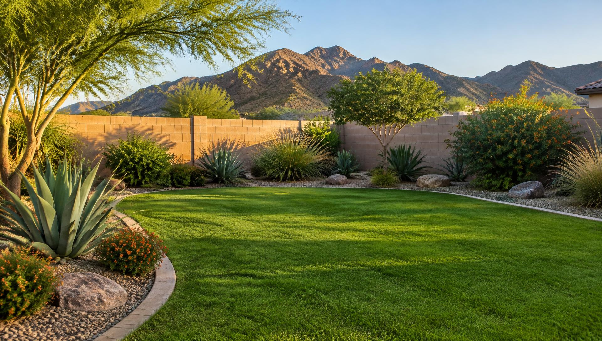 A well-maintained Arizona backyard with a trimmed lawn and desert-adapted plants
